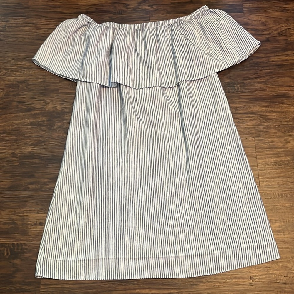 New J. Crew Striped Chambray Off The Shoulder 100% Cotton Dress Size Large